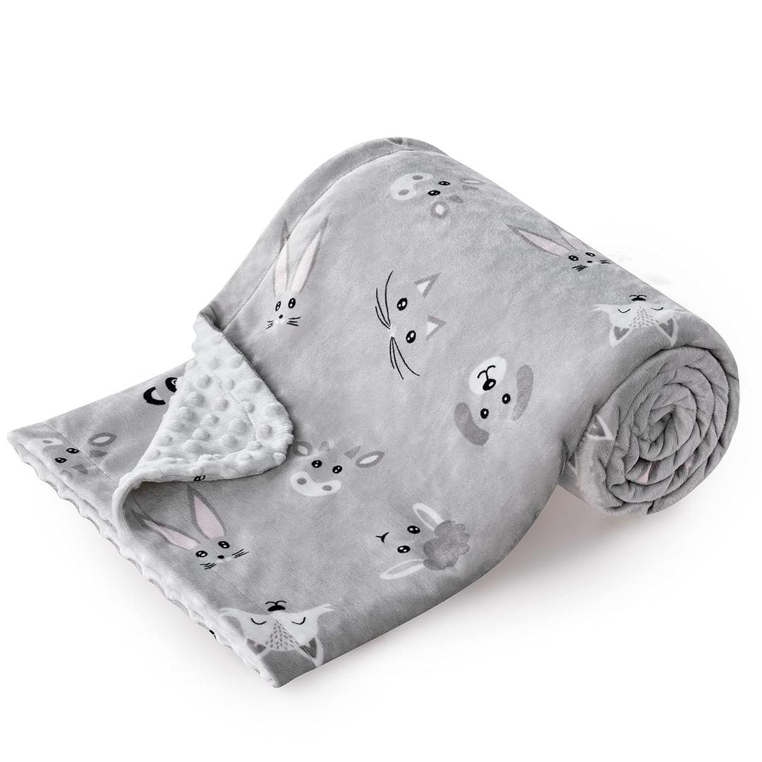 DaysU Silky Micro Soft Plush Baby Blankets Unisex with Print Animal Pattern and Soothing Raised Dots, Double Layer Bed Throws for Baby Crib, Animal Faces, Grey, 30x40 Inches