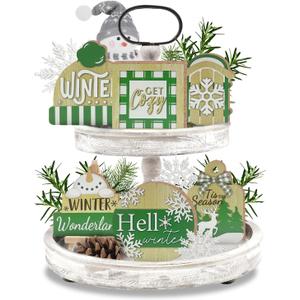 11 Pcs Hello Winter Green Tiered Tray Decor, Snowman Hat Cutting Board Farmhouse Wood Decorations Set, Snowflake Christmas Tree Rustic Wooden Decorative Signs for Home Table Shelf