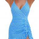 ZAFUL Womens One Piece Swimsuit Tummy Control Swim Dress Bathing Suit V Neck Drawstring Modest Swimwear 2026 (X-Large, Blue White Plaid)