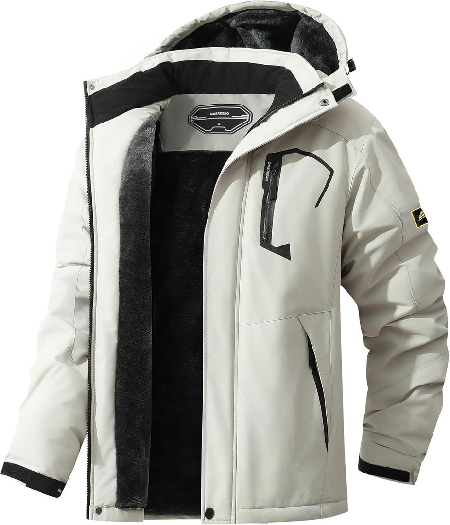 Men's Ski Jacket Warm Winter Snow Coat Waterproof Mountain Windbreaker Snowboarding Jacket Hooded for Hiking Travel (Large, Light Gray)