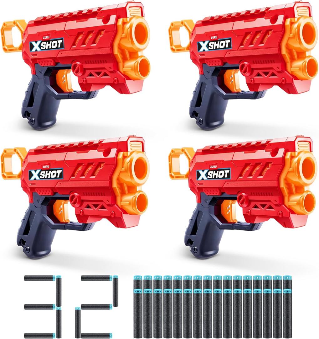 XSHOT Excel Micro 2.0 4 Pack by ZURU with 32 Darts, Easy Reload, Air Pocket Dart Technology, Toy Foam Blaster for Kids, Teens and Adults