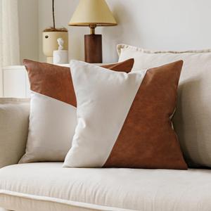 Faux Leather Patchwork White Linen Throw Pillow Covers Modern Minimalist Farmhouse Solid Boho Decorative Pillow Covers for Couch Living Room Bedroom Set of 2 18X18 Inch Brown and Cognac