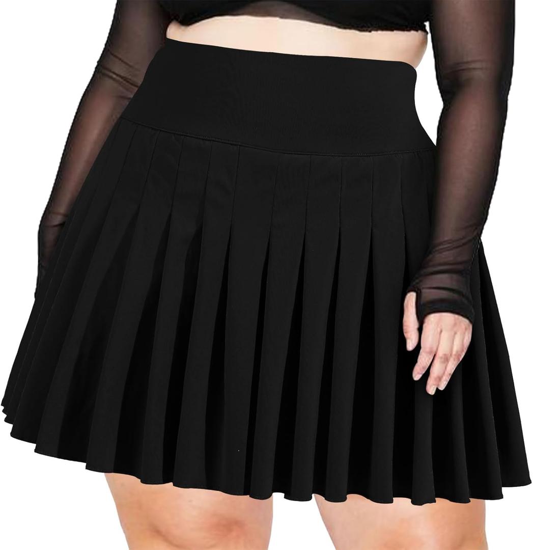 Moon Wood Women's Plus Size Pleated Tennis Skirt- Girls High Waist Athletic Golf Skirts with Shorts (XX-Large Plus, Black)