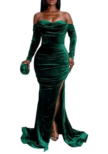 Vakkest Women Off The Shoulder Formal Dresses Long Sleeve Evening Party Velvet Maxi Dress High Split Cocktail Gowns Green, S