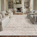 12x9 Washable Area Rug Beige Vintage Non Slip Soft Low Pile Rug for Living Room Bedroom Dining Room Office Distressed Oriental Indoor Large Throw Carpet for Home Decor