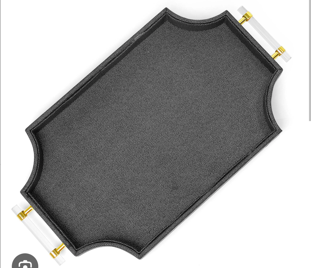 Shagreen Decorative22.6'' × 13'' Large Serving Platters Tray with Handles for Coffee Table Decor Modern Elegant Scalloped Ottoman Tray(Black)