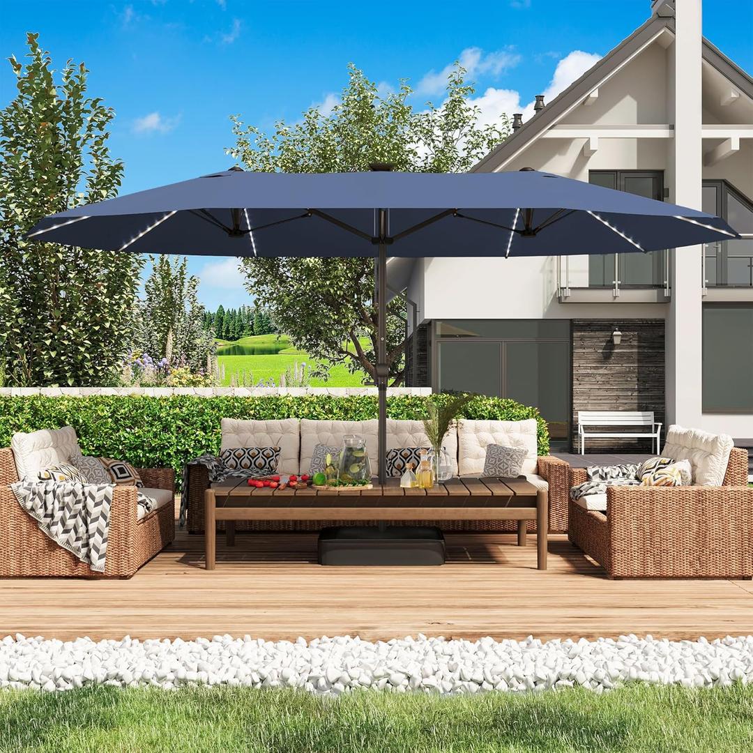 15ft Large Patio Umbrella with Solar Lights, Outdoor Double-Side Rectangular Umbrella with Base Included, Backyard Pool Umbrella with LED Light for Deck, Outside, Market, Navy Blue