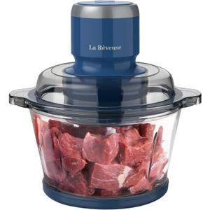 La Reveuse Food Processor,Electric Food Chopper with 7-Cup (1.7L) Glass Bowl, 4 Bi-Level Blades for Chopping,Grinding,Mincing,Whisking,Meal Prep,300W,Blue