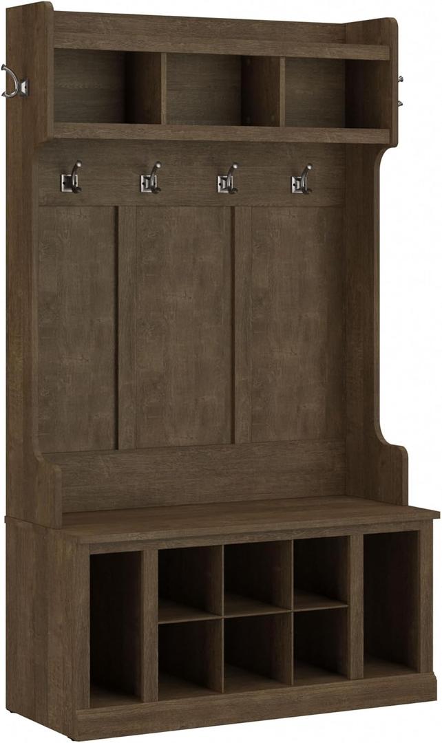 Bush Furniture Woodland 40W Hall Tree and Shoe Storage Bench with Shelves in Ash Brown, Cubbies and Coat Hooks for Foyer, Mudroom, or Entryway