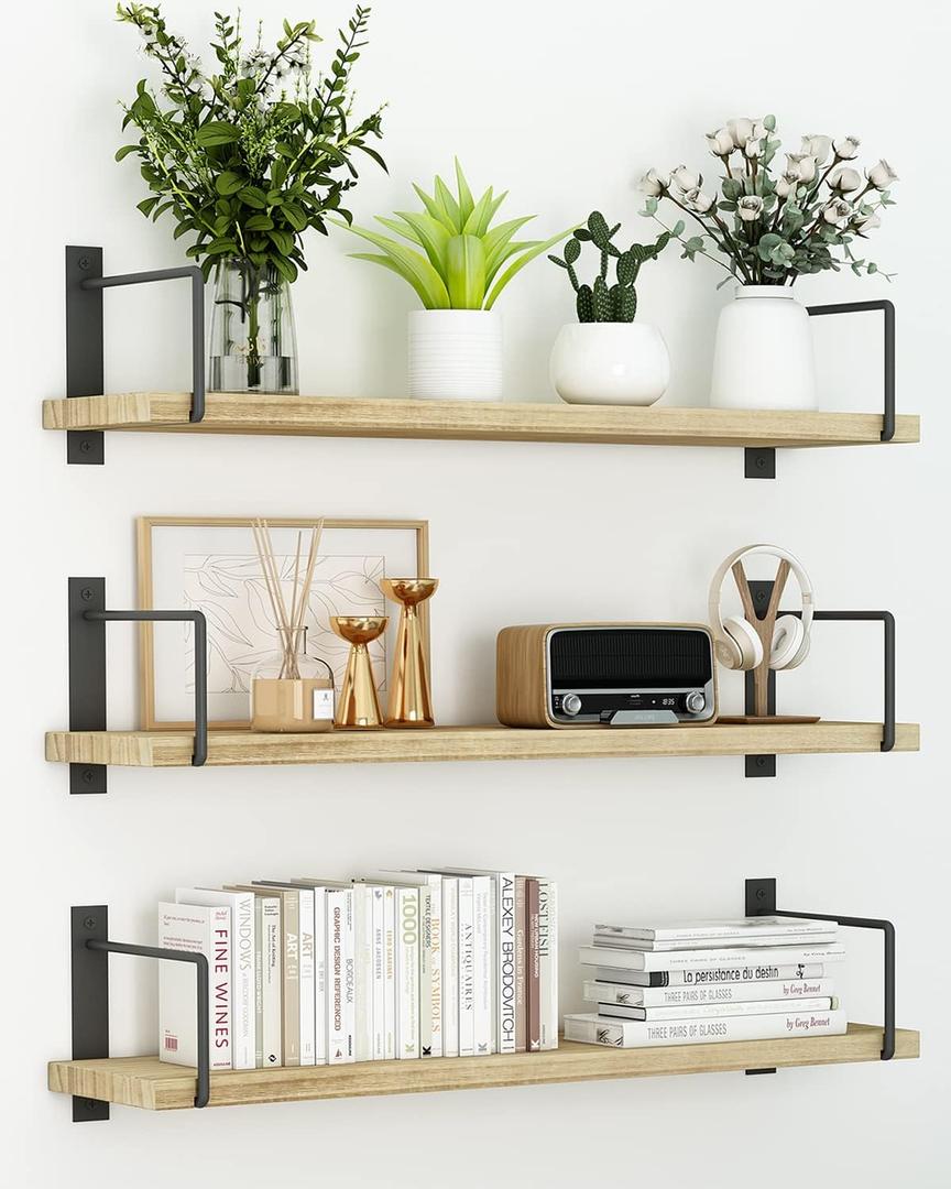 Floating Shelves, 24 Inches, Easy to Install, Wall Mounted, Set of 3, Rustic Wood for Dcor, Storage for Living Room, Bathroom, Bedroom