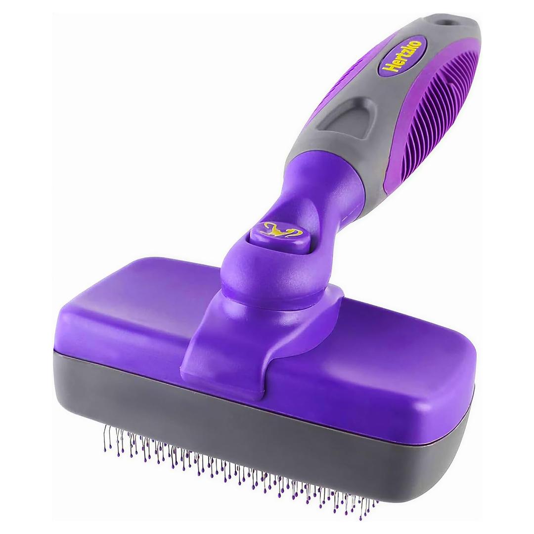 Hertzko Self-Cleaning Slicker Brush - Cat and Dog Brush for Shedding, Tangles and Dirt - Gentle Grooming Tool for Sensitive Skin - Pet Hair Remover for Long and Short Coats - Purple (Large)