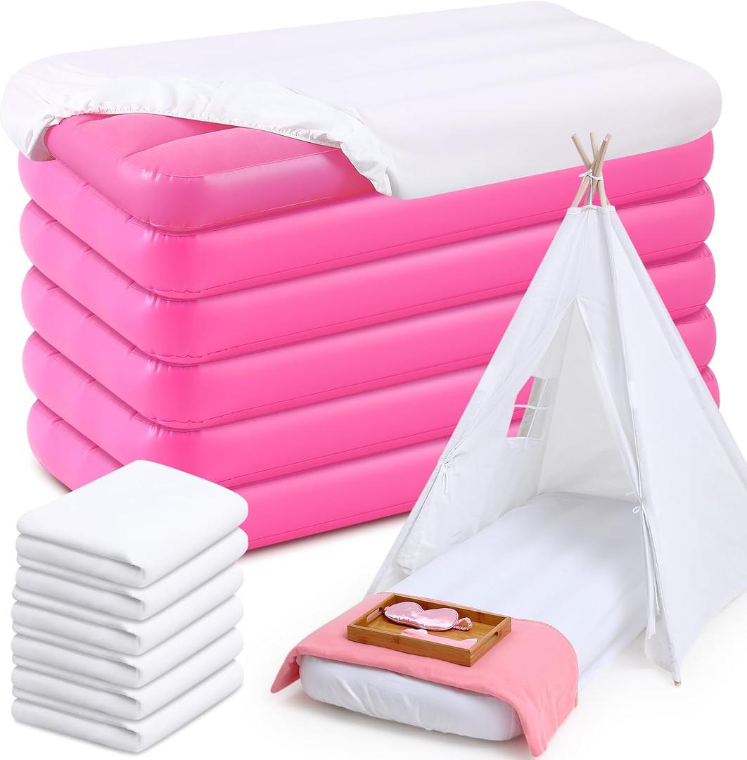 Windyun 6 Sets Kids Air Mattress Bulk with Fitted Sheet, Toddler Inflatable Bed 63 x 27 x 8 Inches Blow up Airbed Camping Sleeping Pad for Aged 3-10 Birthdays Slumber Sleepover Party (White)