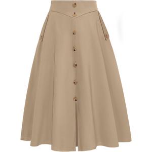 Belle Poque Womens Midi Skirt High Waist A Line Skirts Button Front Slit Flared Skirt Vintage Skirts with Pockets (Khaki, Medium)