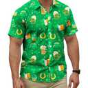Yoimira St Patrick's Day Shirt Men Irish Clover Printed Hawaiian Shirts for Men Casual Short Sleeve Button Down ShirtClover and Beer-Green, XXL