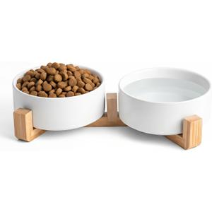 Kimdio Ceramic Dog Bowls with Wood Stand, 13.5OZ Pet Bowls Set of 2 for Medium Small Dogs and Cats - Non-Slip Base Cute Pet Food & Water Basic Bowls Glaze Matte-White