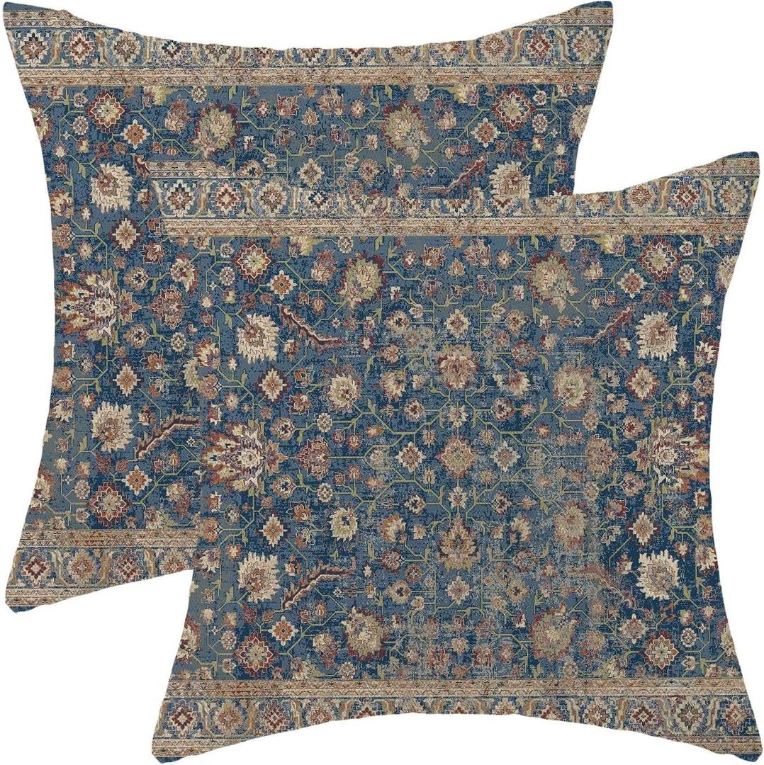 Blue Brown Carpet Pillow Covers 16x16 Inch Set of 2, Boho Rug Print Outdoor Decorative Vintage Rustic Throw Pillow Linen Blue Carpet Couch Cushion Case for Chair Sofa Bedroom Living Room (Dv1)