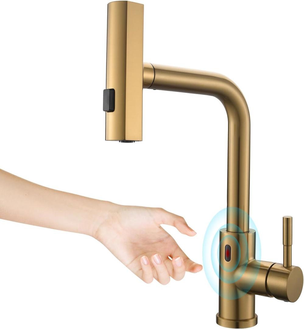 Touchless Kitchen Faucet Motion Sensor Hands Free Single Handle Kitchen Sink Faucet with Pull Down Sprayer Brusshed Gold