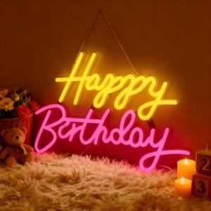 Happy Birthday Neon Sign, Neon Sign for Wall Decor, USB Powered Dimmable Neon Light, LED Happy Birthday Light Up Sign for Party, Perfect for Backdrop Birthday Party Decoration, Yellow and Pink