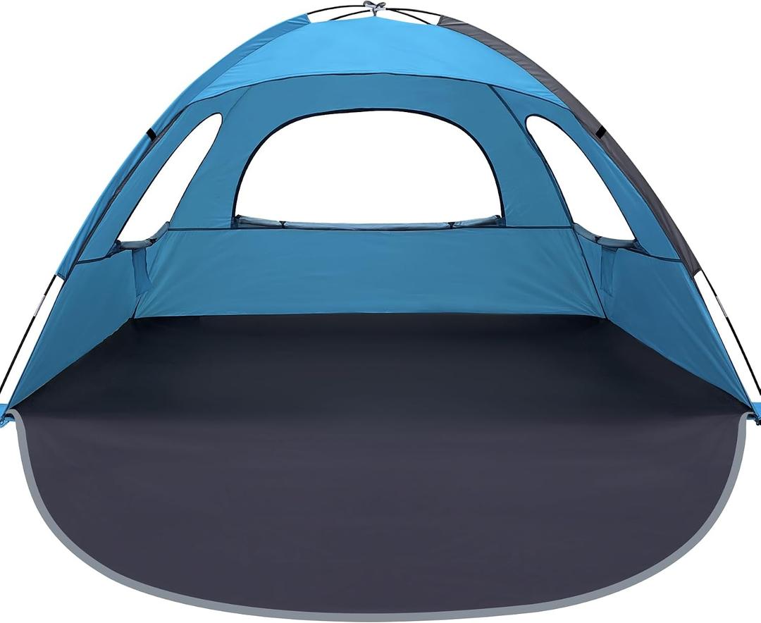 WhiteFang Beach Tent Anti-UV Portable Sun Shade Shelter for 3 Person, Extendable Floor with 3 Ventilating Mesh Windows Plus Carrying Bag, Stakes and Guy Lines