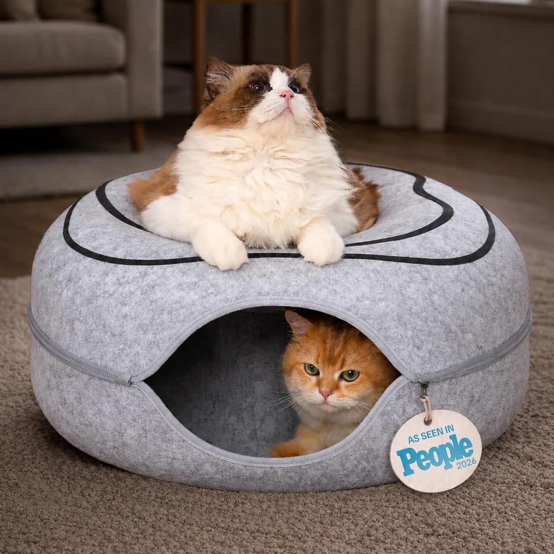 Peekaboo Cat Cave Donut - Cat Tunnel Bed for Indoor Cats Cute Patterns Hideaway for Multiple & Large Cats, Scratch-Resistant (Light Gray)