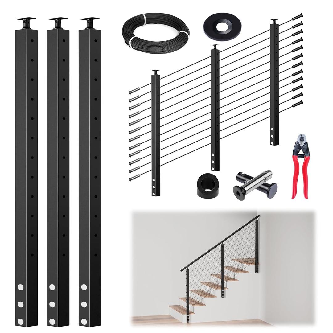 Muzata 10-15FT Modular Black Side Mount Cable Railing Kit 42 Inch 3 Stair Post Kit Complete Set Cable Railing System for Stairs Length Adjustable with Paper User Guide (No Handrail) RWF1 BA4L