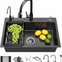 FGNIXLN Drop In Kitchen Sink with Faucet Combo18 Gauge Stainless Steel Single Bowl Kitchen Sink Large Deep Round Corner Handmade Topmount Overmount Basin Kitchen Sinks (22"x18")