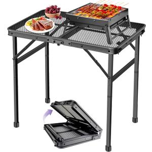 BRIAN & DANY Camping Table Folding Grill Table, Small Foldable Table Height Adjustable, Portable Metal Picnic Table for Outdoor, Black, 2x1.3FT