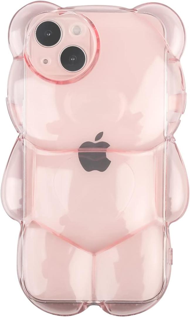 Funny Phone Case Compatible with iPhone 12 Case, Cute 3D Clear Pink Bear Case, Shockproof Kpop Cartoon Bear Phone Case for Women Girls