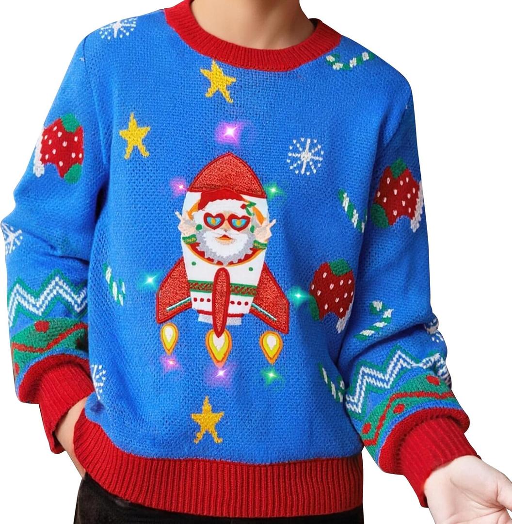 Meland Kids Ugly Christmas Sweater - Light Up Funny Holiday Pullover - Cute Xmas Sweater for Boys & Girls Age 5-16 Year Old (11-13 Years, Blue Rocket Santa)