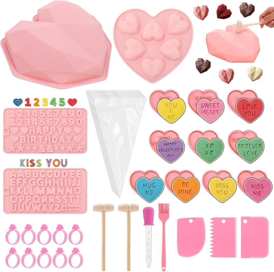 51 PCS Valentines Day Silicone Molds Set Heart Shaped Cake Chocolate Cookie Cutters DIY Breakable Candy Making Kit with Hammer Scraper Piping Bags Baking Tools