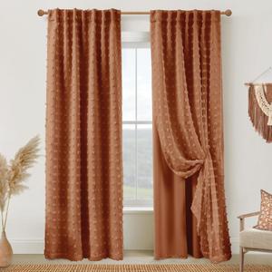 Boho Blackout Curtains for Bedroom 84 Inch Length 2 Panels Set,Vintage Farmhouse Terracotta Rust Pom Pom Textured Patterned Double Layer Sheer Overlay Bohemian Western Curtain Drapes for Living Room