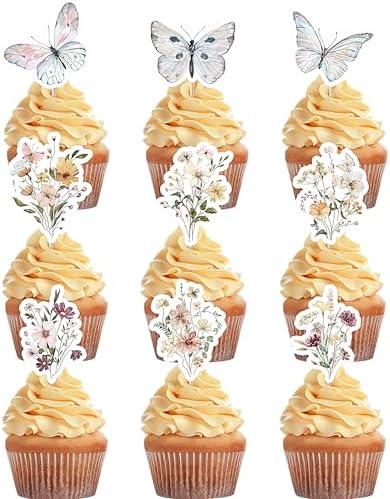 Threehoney 63 Pcs Wildflower Cupcake Toppers 9 Styles Butterfly and Flower Birthday Party Decorations Baby in Bloom Cake Toppers for Baby Shower Wedding Party Favors