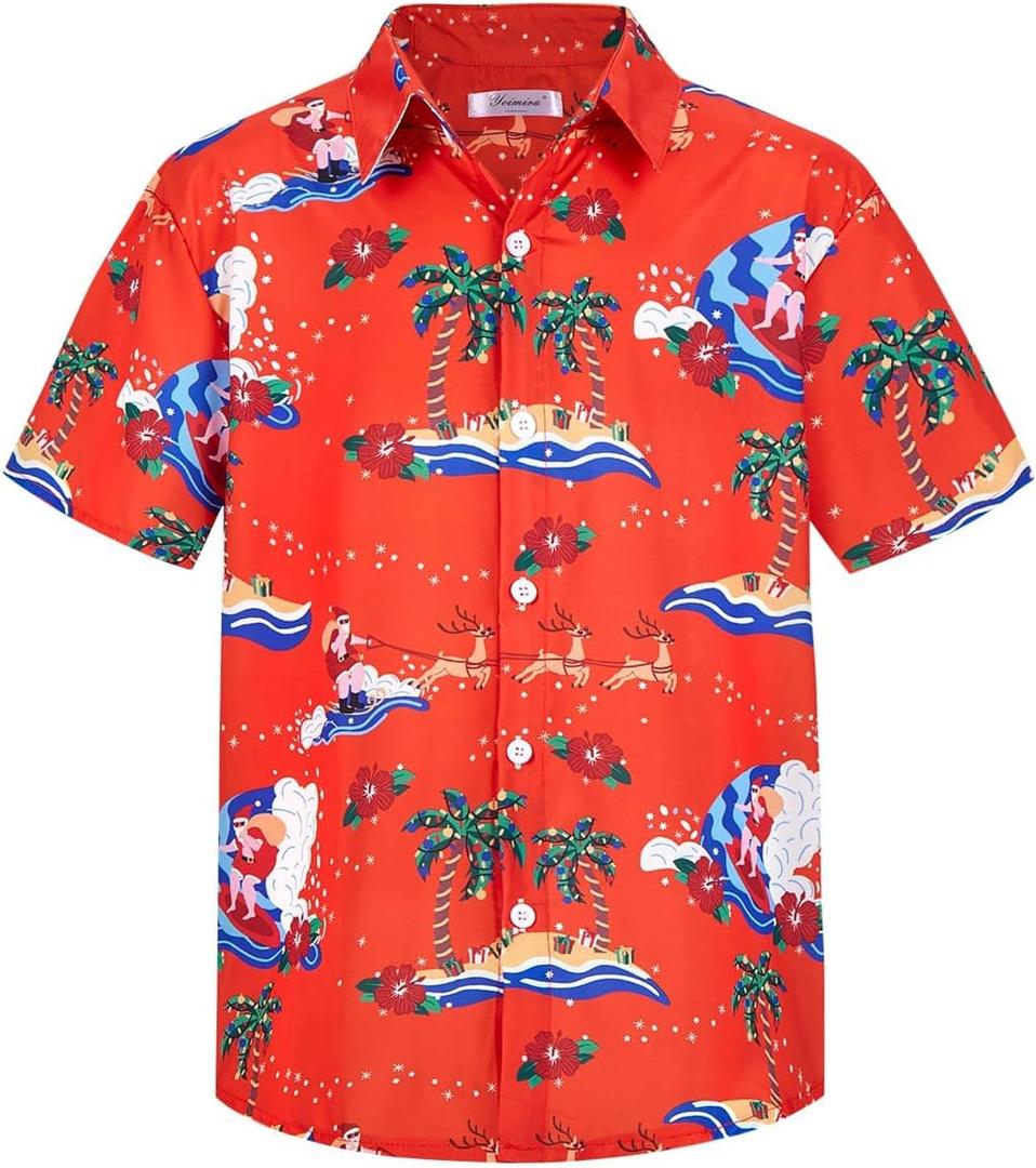 Yoimira Boys Christmas Shirt,Ugly Tropical Hawaiian Shirts for Kids Button Down Vacation Party Short Sleeve 7-14 Years