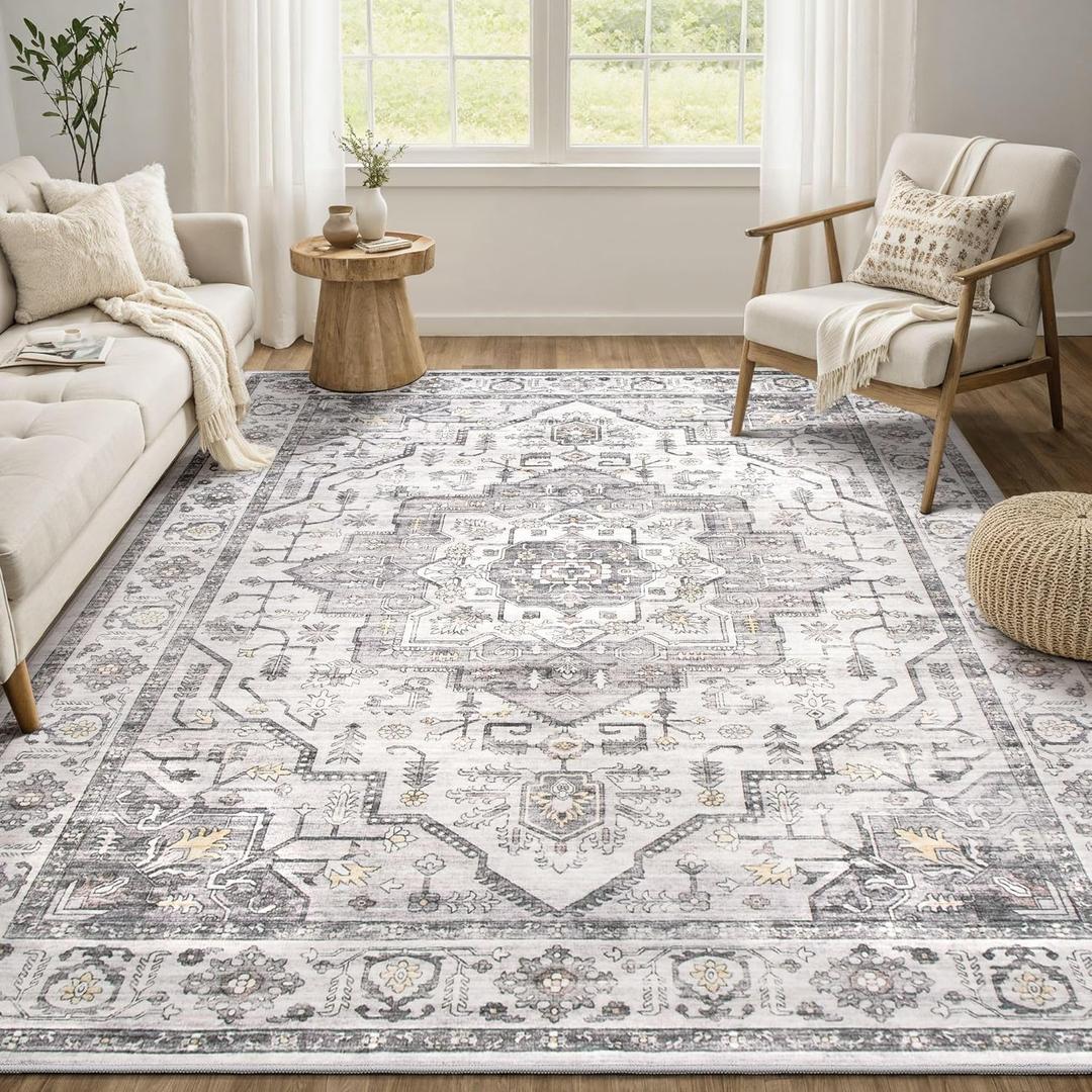 Area Rug 5x7 Washable Vintage - Soft Traditional Rugs for Living Room Large Non Slip Backing with Low Pile Farmhouse Oriental Retro Carpet for Bedroom Dining Room or Home Office - Grey (5' x 7')