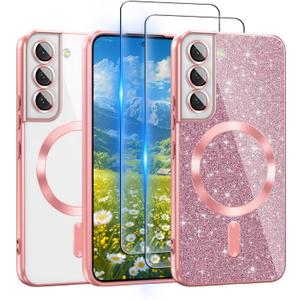 For Galaxy S22 Plus Case Compatible with MagSafe, [Glitter Card & 2PCS HD Screen Protectors] Cute Bling Sparkly [Never Yellowing], Slim Shockproof Anti-Scratch Soft Clear Case for Women, Hot Pink