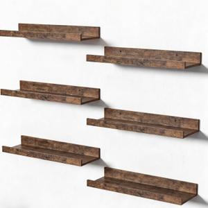upsimples 6 Pack Wooden Floating Shelves, Wall Storage Decor Shelf for Bathroom, Bedroom, Living Room, Kitchen, Office and Laundry Room, Wall Mounted Display Hanging Shelf, Brown, 15.7in