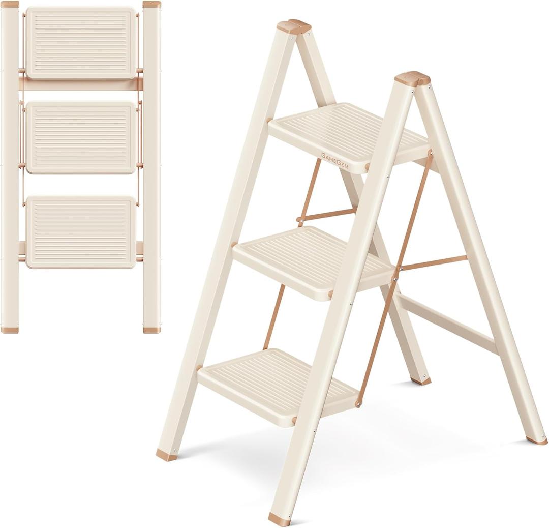 3 Step Ladder Folding Step Stool with Wide Anti-Slip Pedal, 330LBS Capacity, Lightweight Portable Stepladder for Home and Kitchen Use, Cream Chocolate