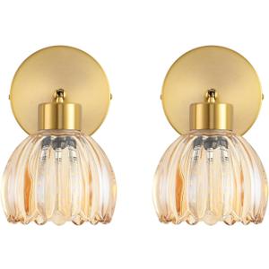 Wall Sconces Vintage Fixture Light, Vanity Lights for Bathroom, Modern Wall Light Fixtures, Metal Sconces Wall Lighting with Glass Shade, Farmhouse Wall Lamp for Bedroom Living Room (2 PACK, Tulip Amber)