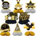 JULMELON Happy New Year Decorations 2026, 8 PCS New Years Honeycomb Centerpieces Table Decorations Black and Gold Table Toppers Decor for New Year Eve Party Supplies Favors