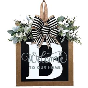 Last Name All Year Round Front Door Garland, Front Porch Decoration 26 Letter Welcome Garland and Eucalyptus and Bow Suitable for Spring Summer Winter Used for Front Door Hanging Garland (B)