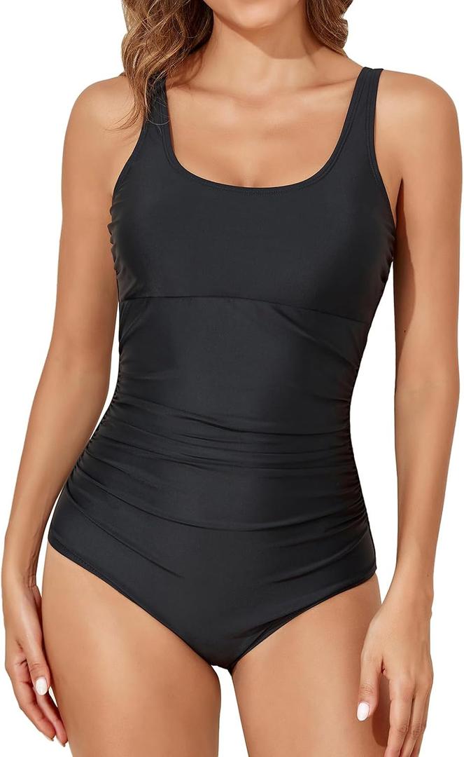 Smismivo One Piece Tummy Control Swimsuit for Women Scoop Neck Modest Full Coverage Bathing Suit Swimwear (Black, XL)