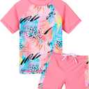 Girls Two Piece Swimsuit Floral UPF 50+ Rash Guard Set Kids Beach Swimwear (9-10 Years, Peach)