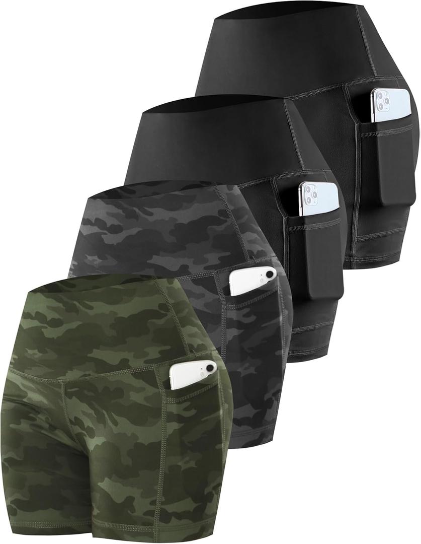 CHRLEISURE Womens Biker Yoga Shorts with Pockets: High Waisted Tummy Control Spandex Workout Athletic Gym Shorts 4 Packs (Large, 4 Packs - Black/Black/Camo Green/Camo Gray)