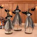 Halloween Decorations Indoor, Set of 3 Sizes Fabric Ghosts with Spiderweb Witch Hats, Primitive Wood Ghost Kit for Table Centerpiece Farmhouse Shelf Mantel Kitchen Home Decor (Black)