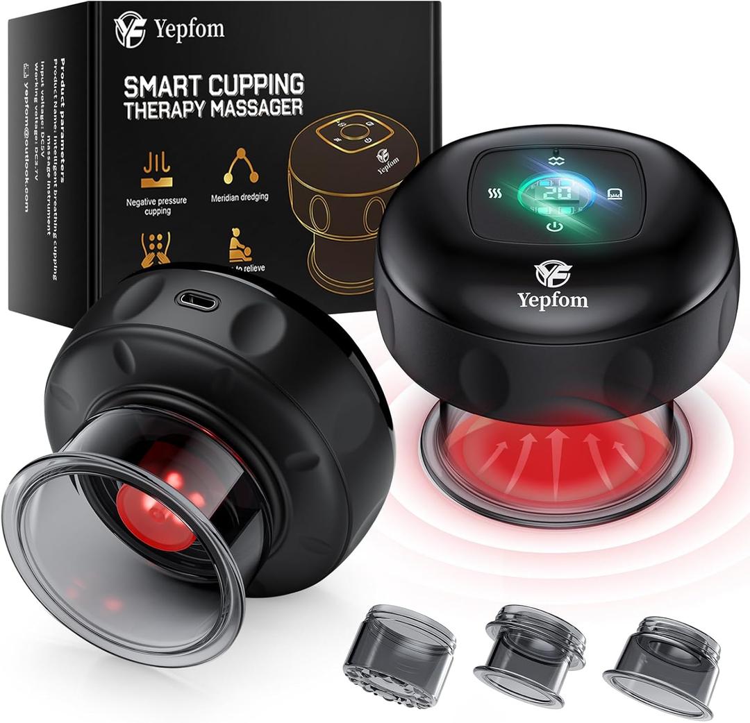 Yepfom 5-in-1 Smart Dynamic Cupping Set, 12 Levels Cupping Kit for Massage Therapy with Red Ligh-t Therapy&Heat Penetrates for Targeted Pain Relief, Knots, Aches, Muscle Soreness - 1Pcs(Black)