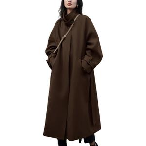 chouyatou Women's Winter Hidden Single Breasted Wool Coat Raglan Sleeve Business Long Wool Overcoat (Medium, Coffee)