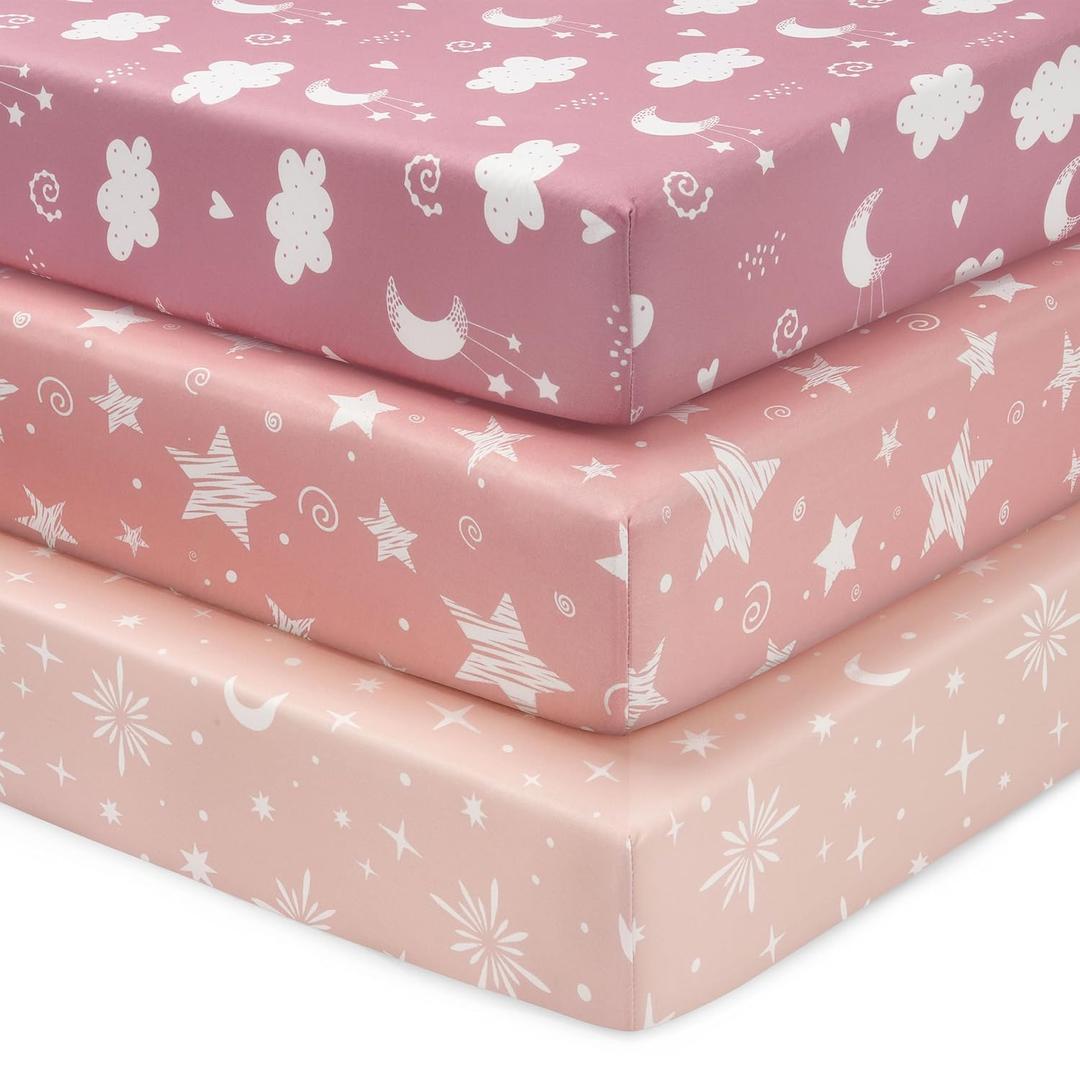 Baby Mini Crib Sheets Girl, Portable 38x26 Pack and Play Sheets Fitted for Playard and Pack N Play Mattress, 3-Pack Soft Microfiber Pink Stars