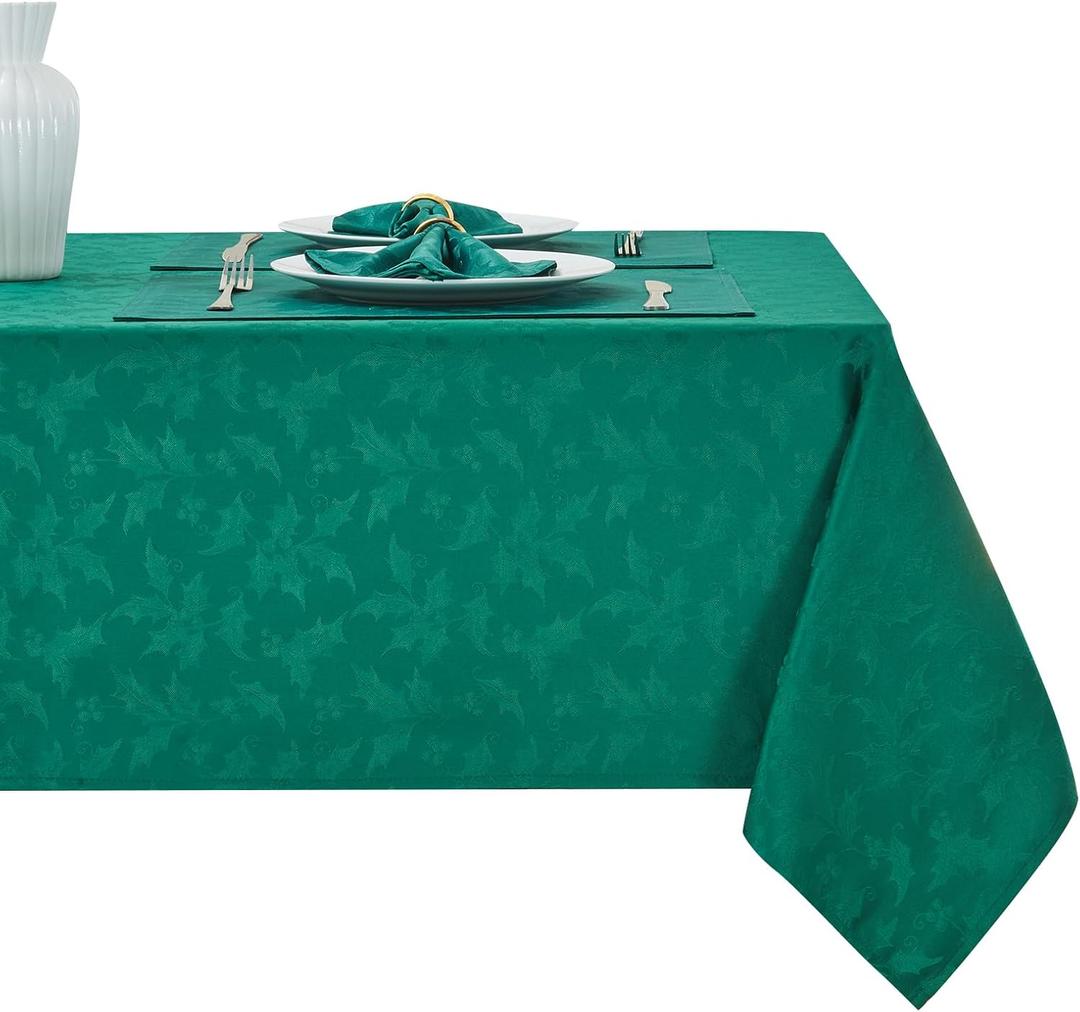 Rectangle Christmas Jacquard Table Cloth Waterproof Elegant Damask Floral Pattern Heavy Weight Wipeable Wrinkle Free Fabric Table Covers for Dinner or Daily Uses(Dark Green/60x104Inch)