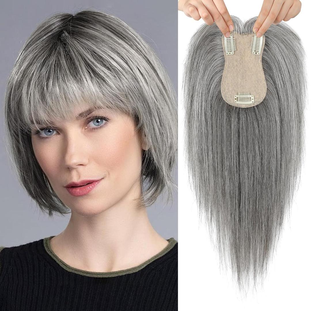 Flufymooz 100% Real Human Hair Toppers, 12 Inch Human Hair Toppers for Thinning Hair Large Hand-woven Area 360 Coverage Natural Hairpiece for Women 5"x3" Silk Base (Silver Gray With Brown Mixed)
