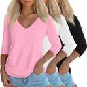 Ficerd 3 Pack Women's 3/4 Length Sleeve T Shirts, V Neck Tops Loose Fit Blouses Casual Tees 2025 Fashion Clothes (Large, Black, Pink, White)